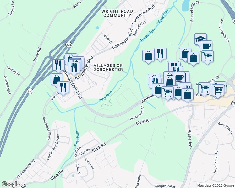 map of restaurants, bars, coffee shops, grocery stores, and more near 7177 Somerton Court in Severn