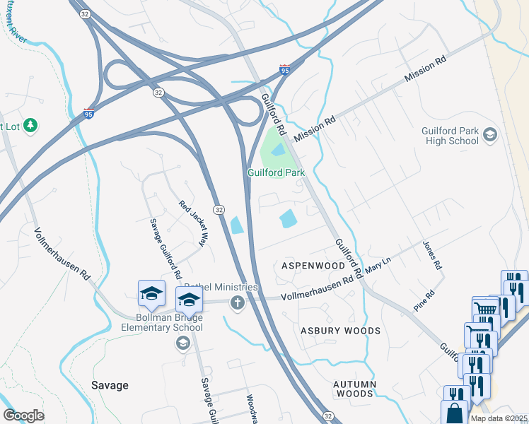 map of restaurants, bars, coffee shops, grocery stores, and more near 9978 Guilford Road in Jessup