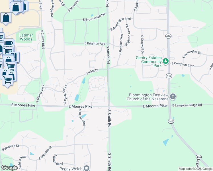 map of restaurants, bars, coffee shops, grocery stores, and more near 1305 South Stella Drive in Bloomington