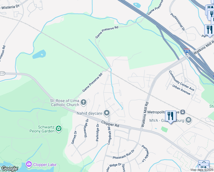 map of restaurants, bars, coffee shops, grocery stores, and more near 3 Honey Brook Lane in Gaithersburg