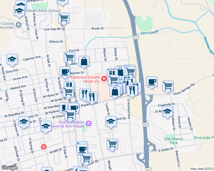 map of restaurants, bars, coffee shops, grocery stores, and more near in Ukiah