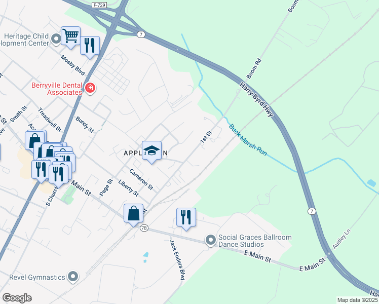 map of restaurants, bars, coffee shops, grocery stores, and more near 311 1st Street in Berryville