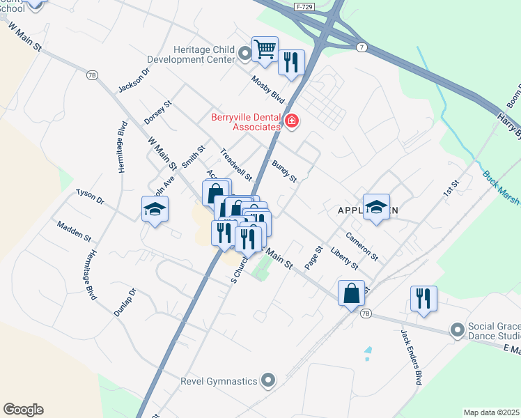 map of restaurants, bars, coffee shops, grocery stores, and more near 9 Barnett Street in Berryville