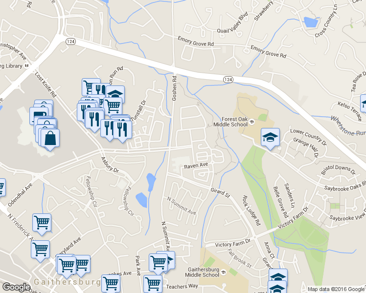 map of restaurants, bars, coffee shops, grocery stores, and more near 554 Odendhal Avenue in Gaithersburg