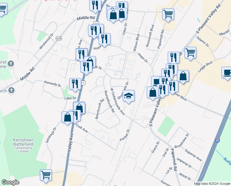 map of restaurants, bars, coffee shops, grocery stores, and more near 312 West Cedarmeade Avenue in Winchester