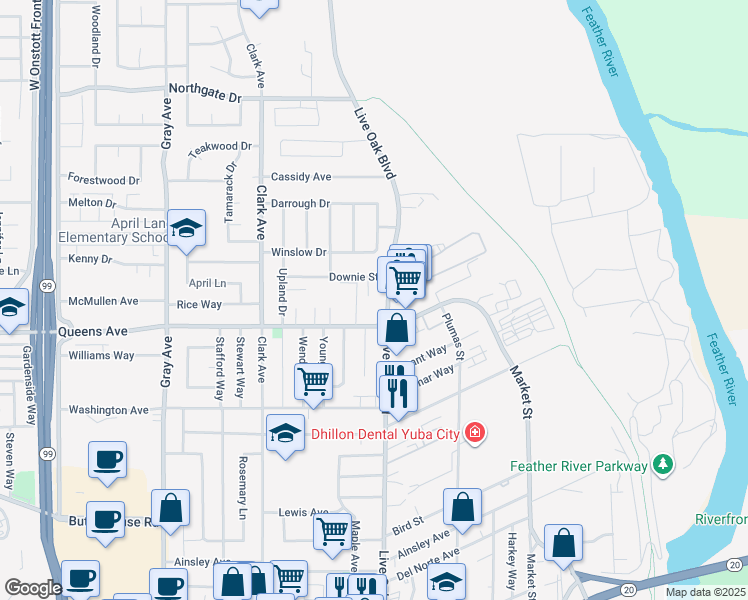 map of restaurants, bars, coffee shops, grocery stores, and more near 605 Queens Avenue in Yuba City