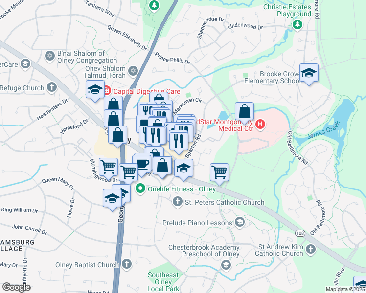 map of restaurants, bars, coffee shops, grocery stores, and more near 18181 Town Center Drive in Olney
