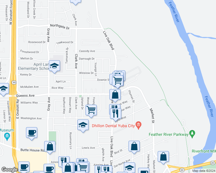 map of restaurants, bars, coffee shops, grocery stores, and more near 605 Queens Avenue in Yuba City
