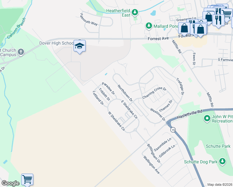 map of restaurants, bars, coffee shops, grocery stores, and more near 356 Northdown Drive in Dover