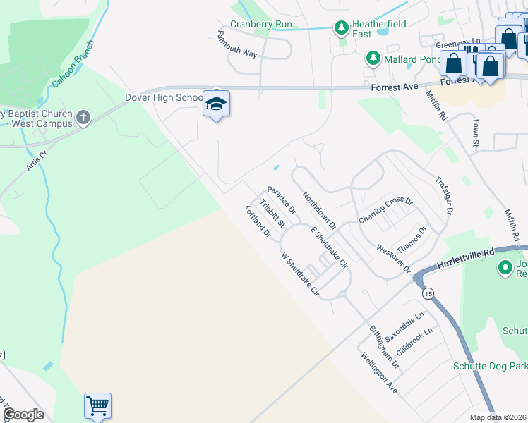 map of restaurants, bars, coffee shops, grocery stores, and more near 400 Tribbitt in Dover