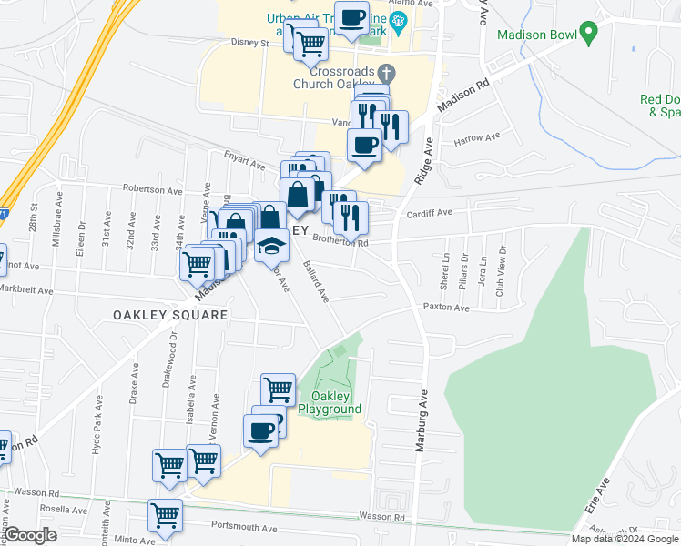 map of restaurants, bars, coffee shops, grocery stores, and more near 3224 Bach Avenue in Cincinnati