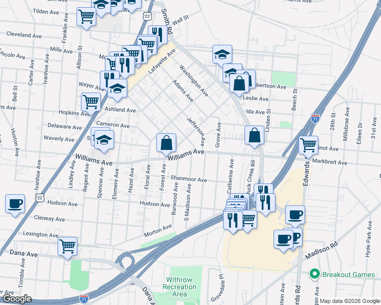 map of restaurants, bars, coffee shops, grocery stores, and more near 2448 Williams Avenue in Norwood