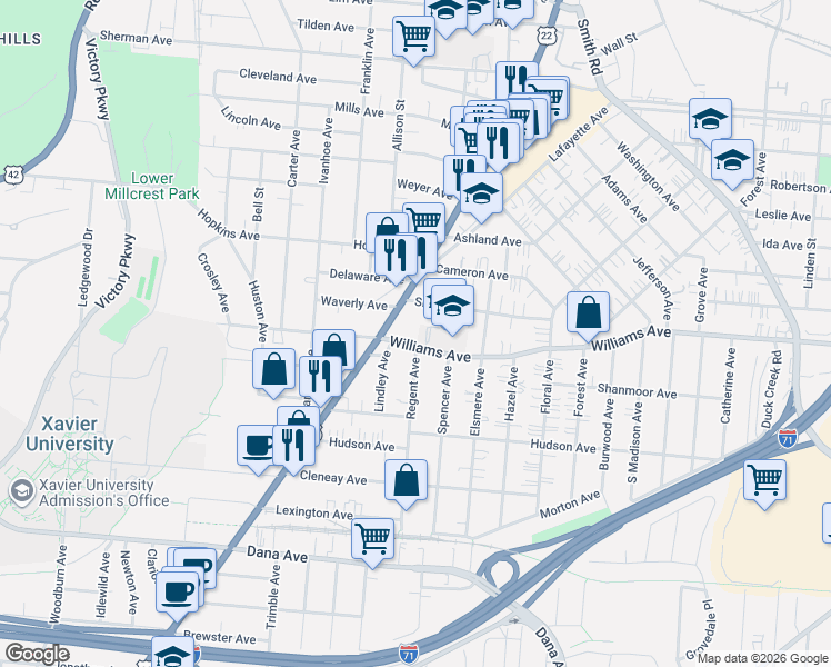 map of restaurants, bars, coffee shops, grocery stores, and more near 2119 Slane Avenue in Cincinnati
