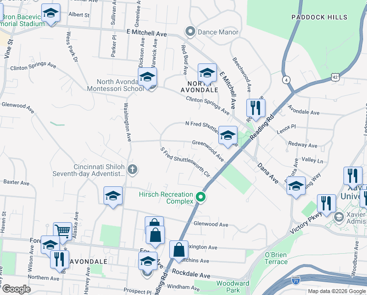 map of restaurants, bars, coffee shops, grocery stores, and more near 708 Greenwood Avenue in Cincinnati