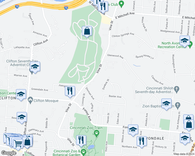 map of restaurants, bars, coffee shops, grocery stores, and more near 3766 Vine Street in Cincinnati