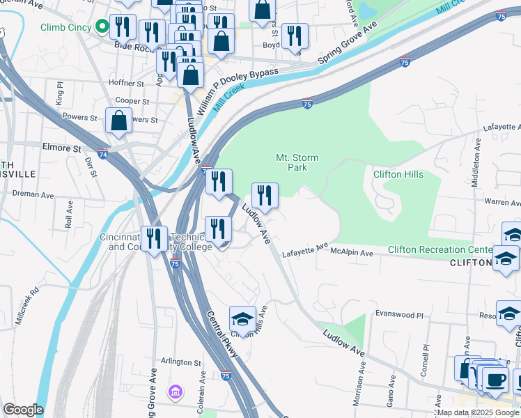 map of restaurants, bars, coffee shops, grocery stores, and more near 974 Ludlow Avenue in Cincinnati