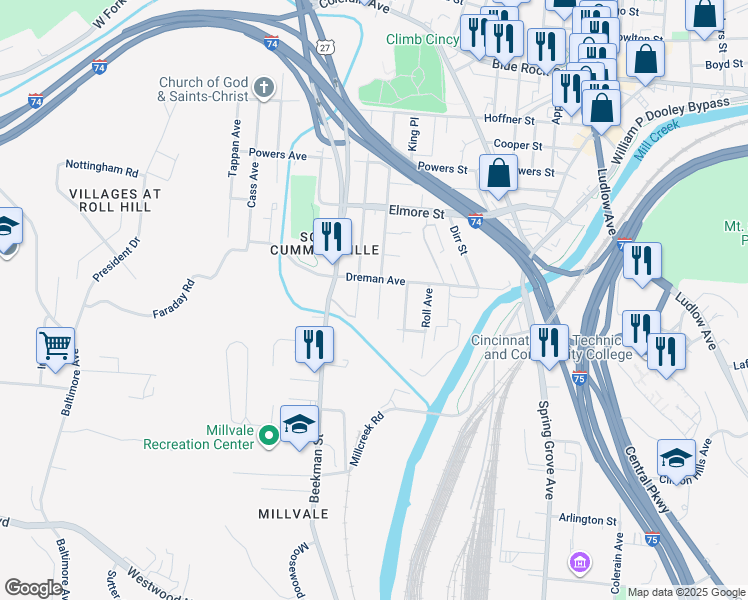 map of restaurants, bars, coffee shops, grocery stores, and more near 3641 Borden Street in Cincinnati