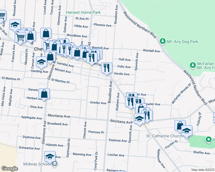 map of restaurants, bars, coffee shops, grocery stores, and more near in Cincinnati
