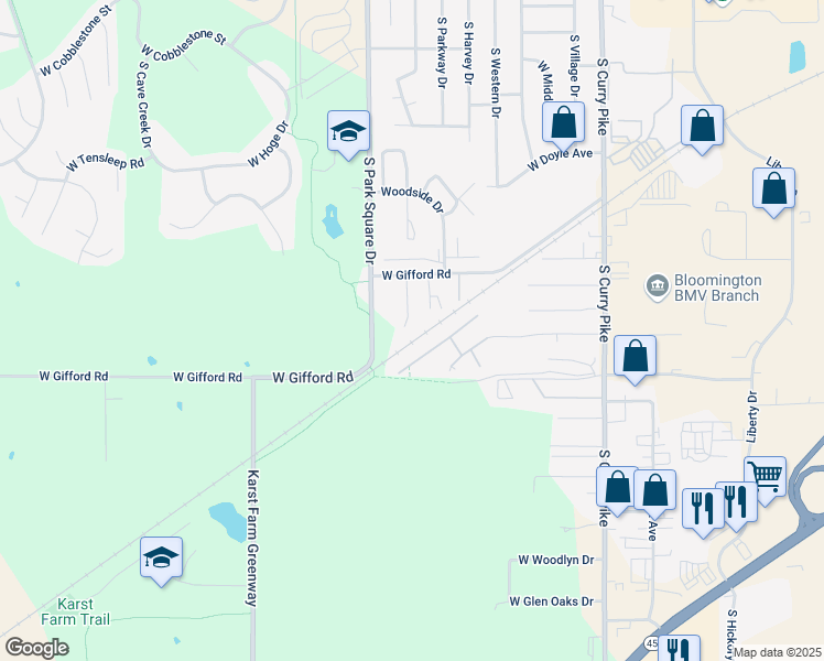 map of restaurants, bars, coffee shops, grocery stores, and more near 1332 South Hickory Grove Lane in Bloomington
