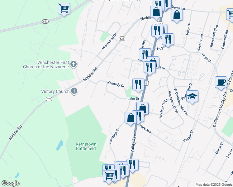 map of restaurants, bars, coffee shops, grocery stores, and more near 704 Lake Drive in Winchester
