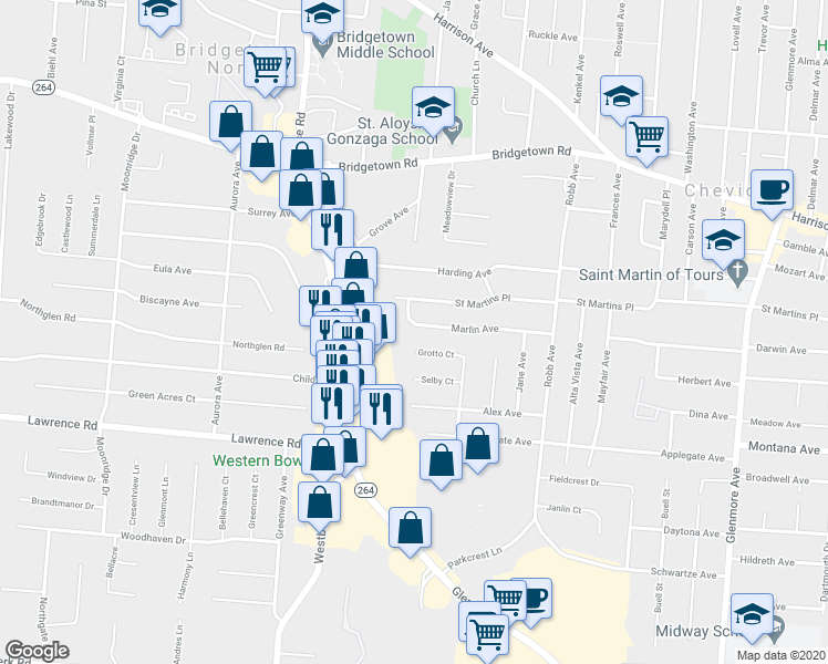 map of restaurants, bars, coffee shops, grocery stores, and more near 4353 Marlin Avenue in Cincinnati