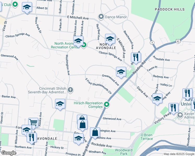 map of restaurants, bars, coffee shops, grocery stores, and more near 708 Greenwood Avenue in Cincinnati