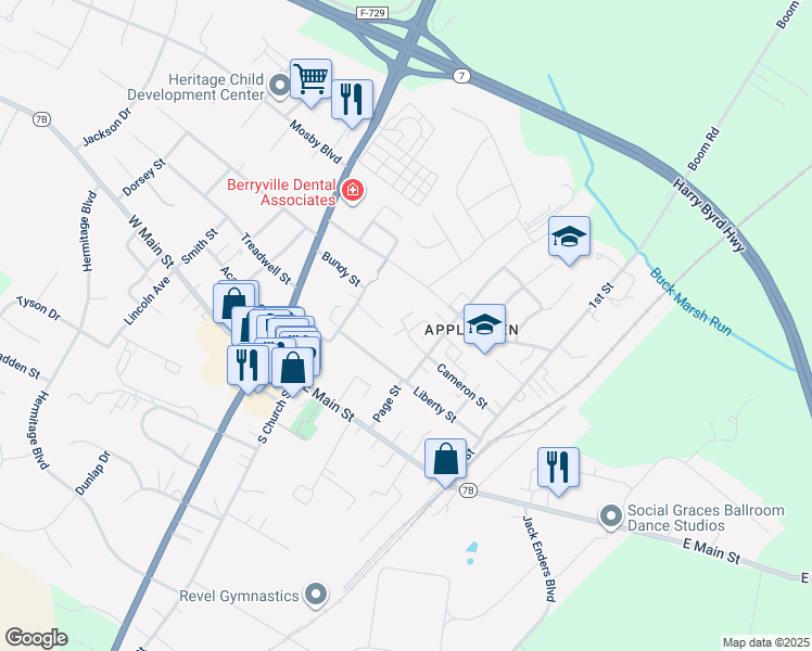 map of restaurants, bars, coffee shops, grocery stores, and more near 218 Josephine Street in Berryville