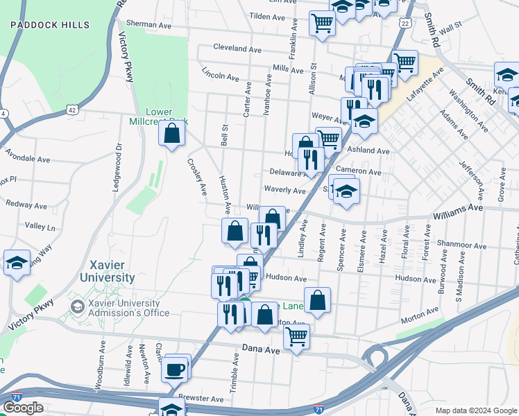 map of restaurants, bars, coffee shops, grocery stores, and more near Williams Ave & Ivanhoe Ave in Norwood