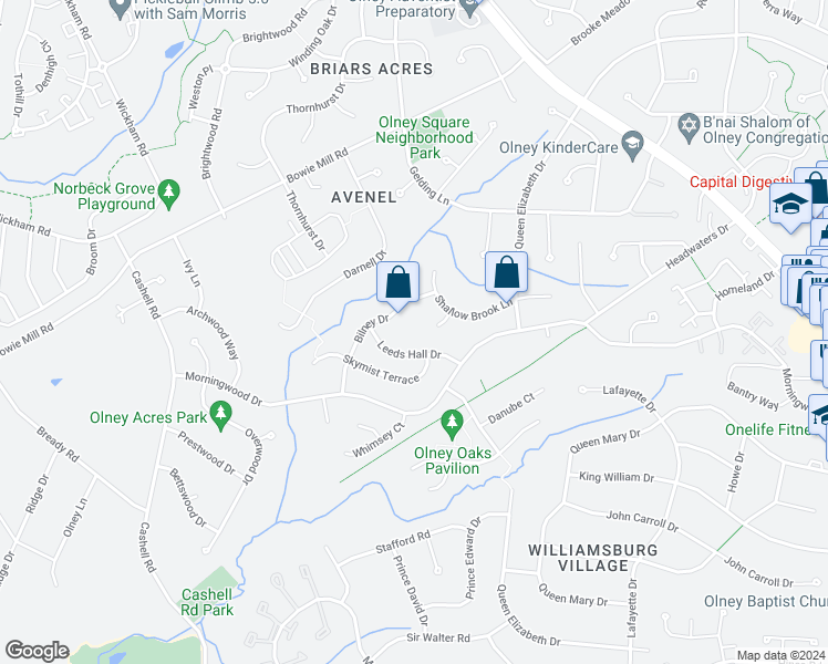 map of restaurants, bars, coffee shops, grocery stores, and more near 11 Shallow Brook Court in Olney