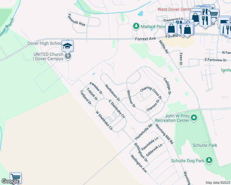map of restaurants, bars, coffee shops, grocery stores, and more near 325 Northdown Drive in Dover