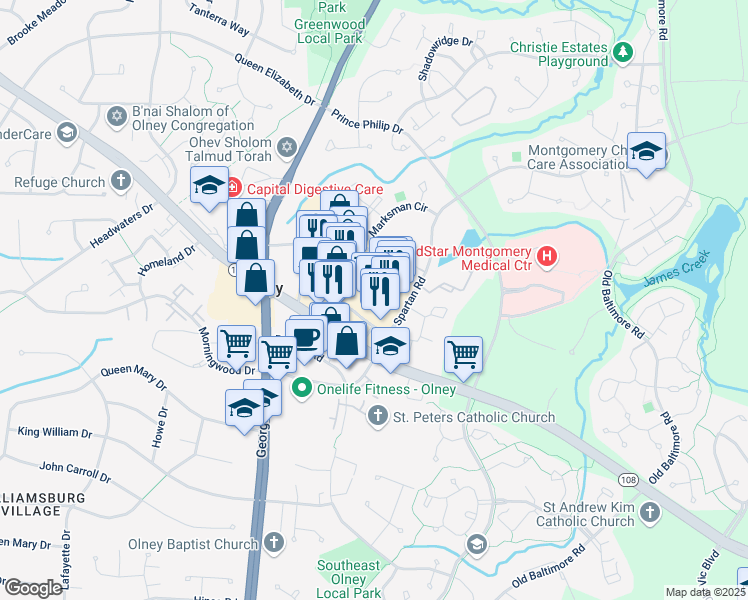 map of restaurants, bars, coffee shops, grocery stores, and more near 18100 Town Center Drive in Olney