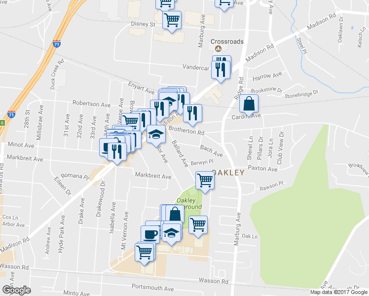 map of restaurants, bars, coffee shops, grocery stores, and more near 3217 Bach Avenue in Cincinnati