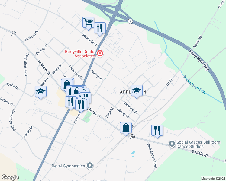 map of restaurants, bars, coffee shops, grocery stores, and more near 103 Cameron Street in Berryville