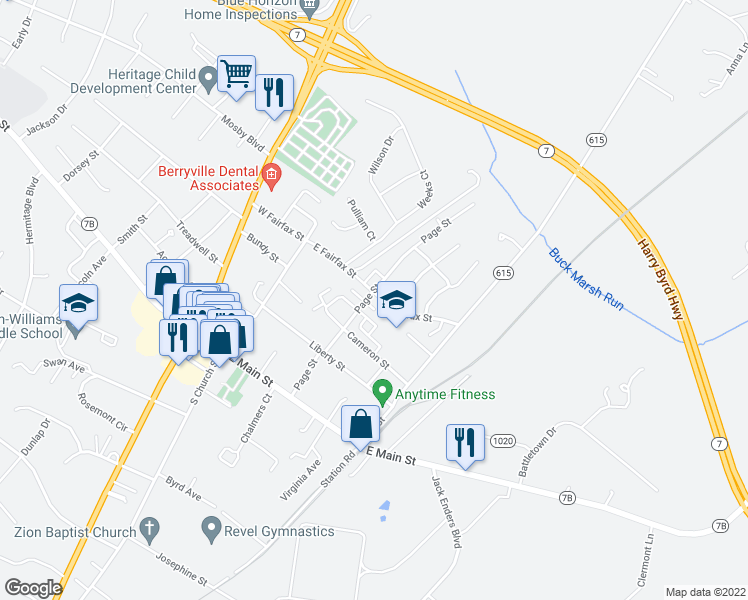 map of restaurants, bars, coffee shops, grocery stores, and more near 203 East Fairfax Street in Berryville