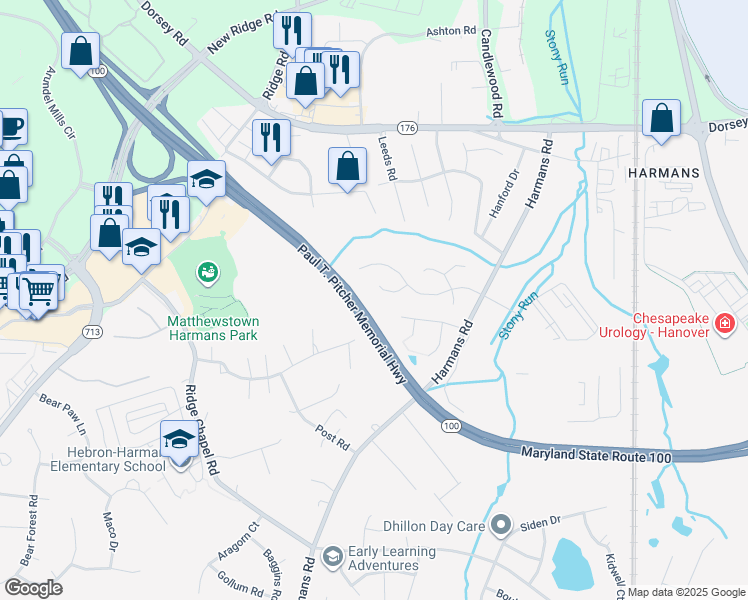 map of restaurants, bars, coffee shops, grocery stores, and more near 7561 Greenknoll Ct in Hanover
