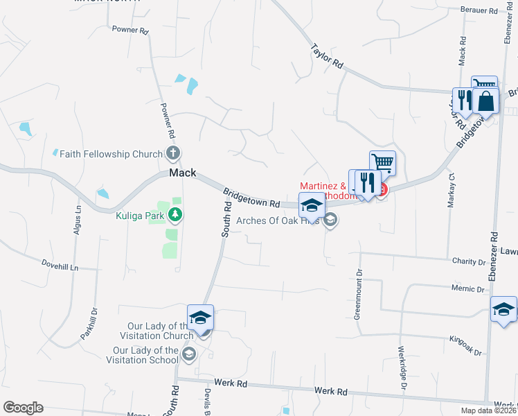 map of restaurants, bars, coffee shops, grocery stores, and more near 6575 Bridgetown Road in Cincinnati