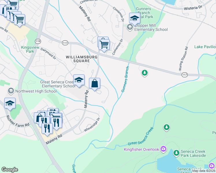 map of restaurants, bars, coffee shops, grocery stores, and more near 12903 Kitchen House Way in Germantown