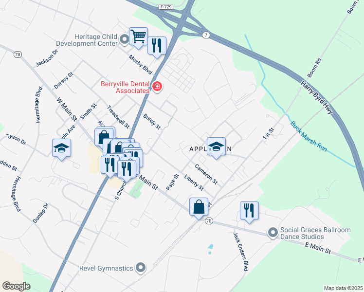 map of restaurants, bars, coffee shops, grocery stores, and more near 509 East Main Street in Berryville