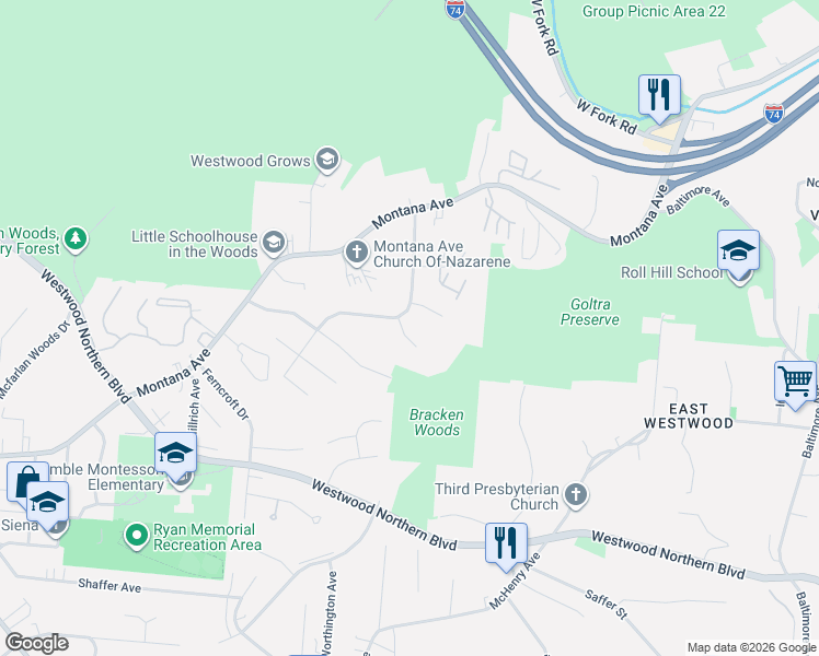 map of restaurants, bars, coffee shops, grocery stores, and more near 2513 Mustang Drive in Cincinnati