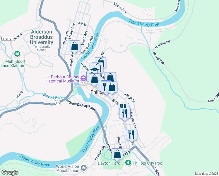 map of restaurants, bars, coffee shops, grocery stores, and more near 14 North Walnut Street in Philippi