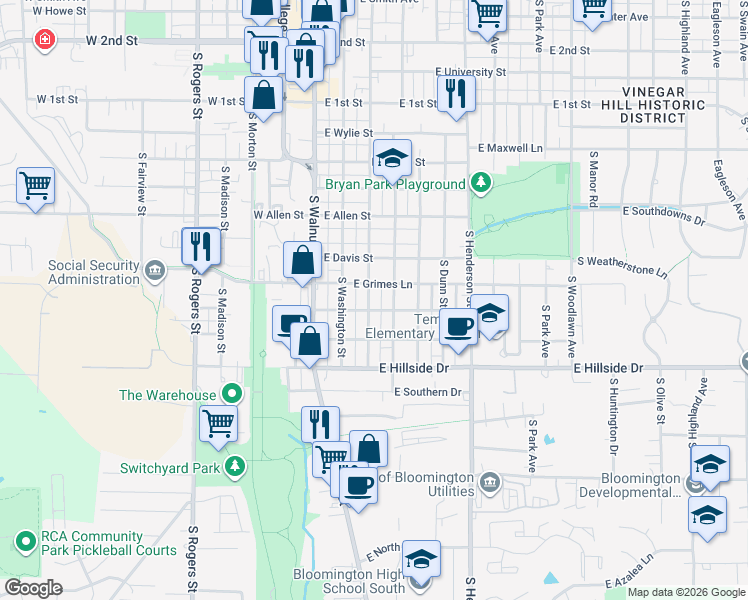 map of restaurants, bars, coffee shops, grocery stores, and more near 1204 South Grant Street in Bloomington