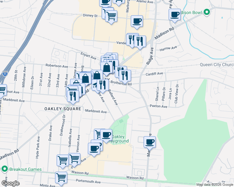 map of restaurants, bars, coffee shops, grocery stores, and more near 3224 Bach Avenue in Cincinnati