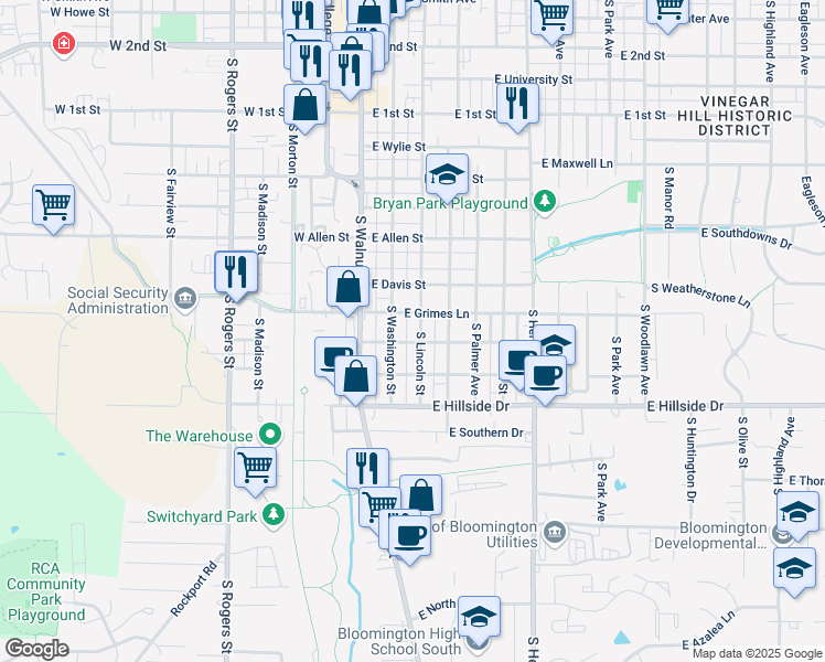 map of restaurants, bars, coffee shops, grocery stores, and more near 1214 South Lincoln Street in Bloomington