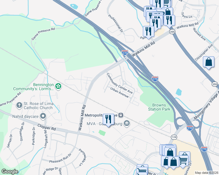 map of restaurants, bars, coffee shops, grocery stores, and more near 372 Urban Avenue in Gaithersburg