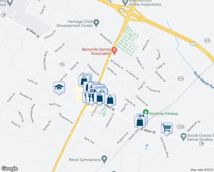 map of restaurants, bars, coffee shops, grocery stores, and more near 115 Josephine Street in Berryville
