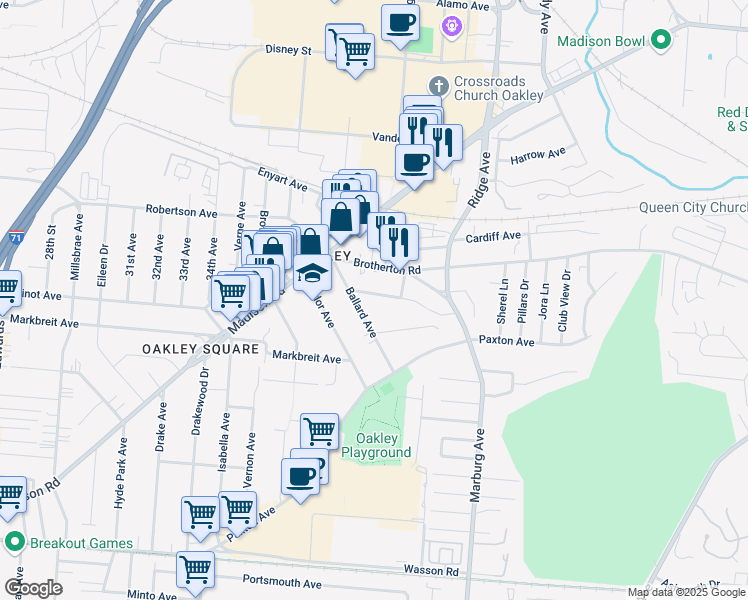 map of restaurants, bars, coffee shops, grocery stores, and more near 3224 Bach Avenue in Cincinnati