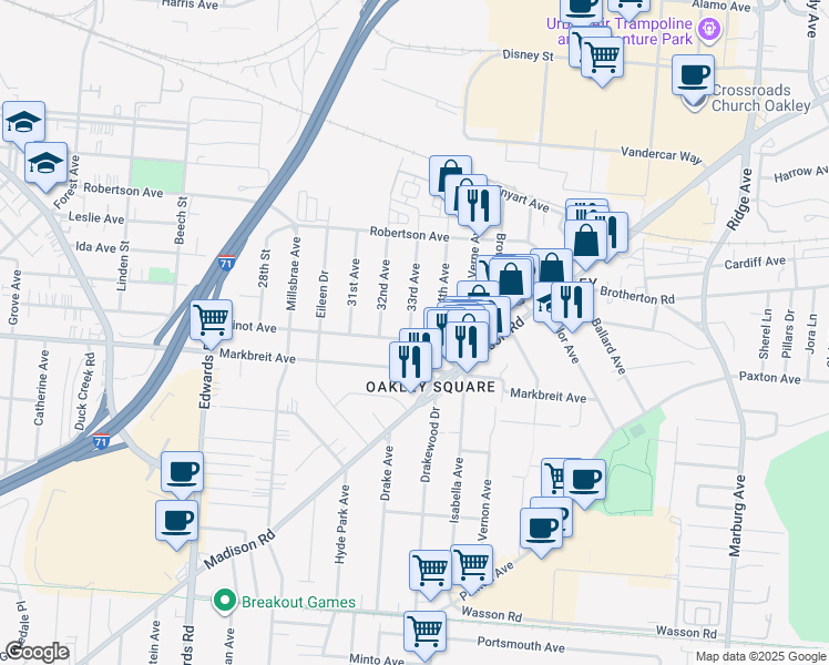 map of restaurants, bars, coffee shops, grocery stores, and more near 4115 34th Avenue in Cincinnati