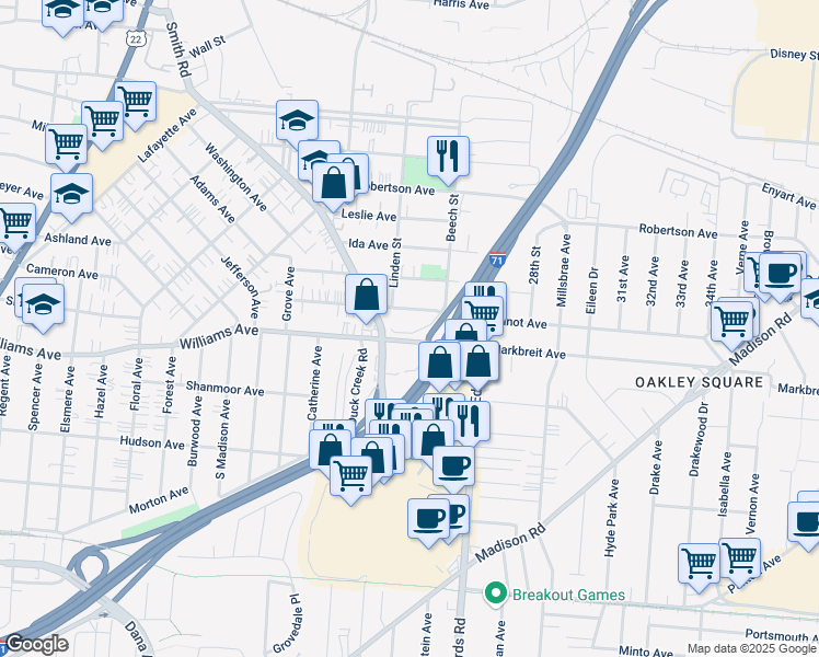 map of restaurants, bars, coffee shops, grocery stores, and more near 2612 Duck Creek Road in Cincinnati