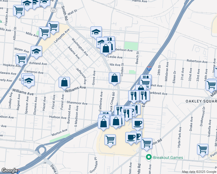 map of restaurants, bars, coffee shops, grocery stores, and more near 4115 Smith Road in Cincinnati