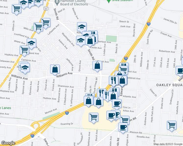 map of restaurants, bars, coffee shops, grocery stores, and more near 4115 Smith Road in Cincinnati